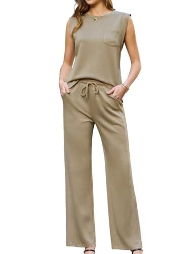 difficort 2 Piece Sets for Women Sleeveless Vest Tops Wide Leg Long Pants Matching Lounge Sets Summer,Coffee,Large - Image 1