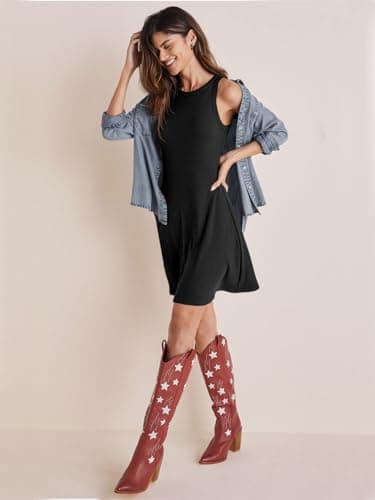 Wenrine Womens Summer Casual Tank Dress Ribbed Knit Sleeveless Crewneck A Line Mini Dresses Black - Thumbnail 3