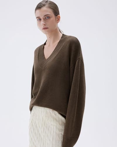 SUUKSESS Women Cashmere Oversized Sweaters V Neck Pullover Tops Fall Winter Long Sleeve Jumpers (Heathered Mocha,M) - Thumbnail 2