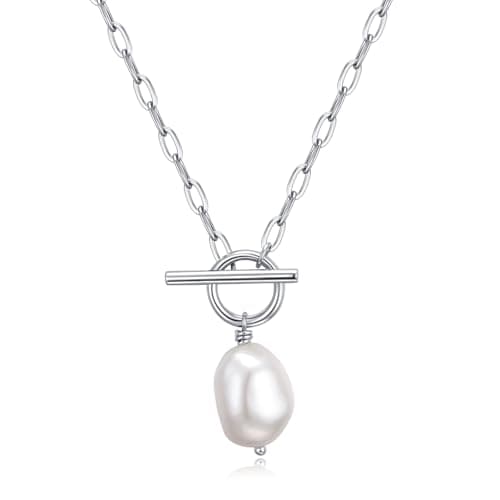 Baroque Pearl Pendant Necklaces for Women, 14K Gold Sliver Plated Adjustable Chain Toggle Clasp Necklace Women Wedding Anniversary Jewelry for Mothers Day Christmas Birthday Valentine's Day Gifts (Sliver)