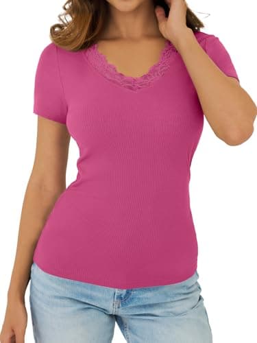 GKBK V Neck T Shirts for Women Lace Tops Going Out Casual Ribbed Tight Fitted Shirts Basic Tee Shirt 2026 Spring Clothes Summer Fashion Outfits Trendy Hot Pink - Thumbnail 6