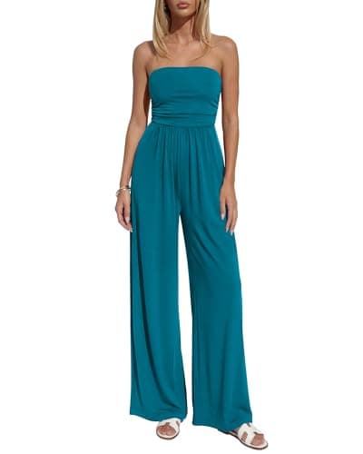 BTFBM Jumpsuits For Women Summer 2026 Beach Vacation Strapless Tube Top Jumpsuit Ruched Casual Wide Leg Pant Rompers(Lake Blue, Medium) - Image 1