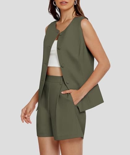 Casly Lamiit Womens 2025 Two Piece Shorts Sets Sleeveless Button Down Vest Summer Business Casual Outfits Dressy Interview Work Pants Suit Army Green XS - Thumbnail 2