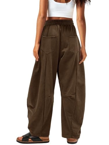 Dokuritu Barrel Sweatpants Women Casual Drawstring Elastic Waist Wide Leg Sweatpant with Pockets Lounge Baggy Pants Coffee - Thumbnail 2