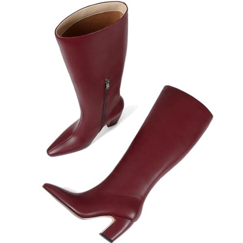 Tarkwa Women's Knee High Boots, Comfortable Square Toe Faux Leather Boot Fashion Long Tall Boots for Riding Chunky High Heeled Dress/Casual Boot, Burgundy Size 6 - Thumbnail 5