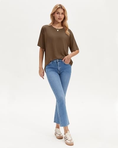 Stelle T Shirts for Women Crew Neck Short Sleeve Summer Tops Loose Fit Soft Basic Tee Shirt Mocha XX-Large - Thumbnail 5