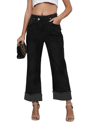 Genleck Wide Leg Cropped Jeans for Women Trendy High Waisted Crossover Boyfriend Jeans Mom Baggy Stretchy Denim (Black, XS) - Image 1