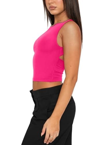 REORIA Women's Summer Sexy Open Back High Neck Sleeveless Tank Top Double Lined Y2k Trendy Backless Crop Tops Rose Red Medium - Thumbnail 3