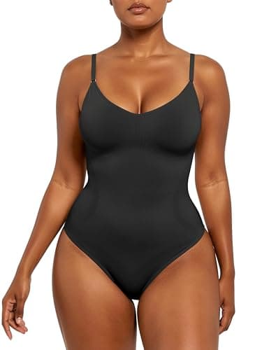 Xcutting Women's Seamless Shapewear Bodysuit Tummy Control Body Shaper - V-Neck Cami with Thong Brief Comfortable Fit for All-Day Wear Waist Shaping Jumpsuit Shaping (Black Thong, X-Large) - Image 1