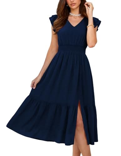 GRACE KARIN 2026 Womens Summer Dresses V Neck Ruffle Sleeve Floral Boho Beach A-Line Dress Navy Blue-Solid Medium - Image 1