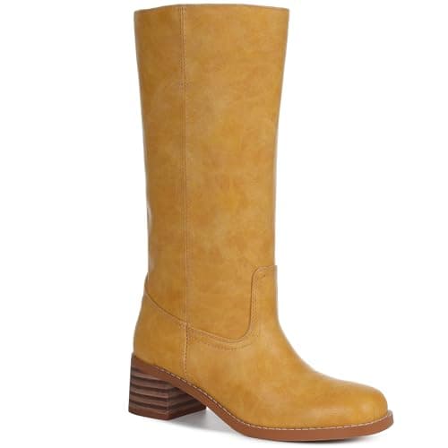 Tarkwa Knee High Boots for Women Wide Calf Shoes Banana Yellow Comfortable Shoes Square Toe Low Heel Winter Fall Boots Chunky Block Heels Leather Boot Comfy Dressy Womens Boot Size 8 - Image 1