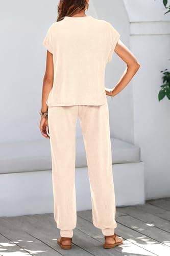 BTFBM Women's Two Piece Tracksuit Outfits Summer Short Sleeve Tops Long Pants Jogger Lounge Matching Sets Sweatsuit(Apricot,Small) - Thumbnail 4