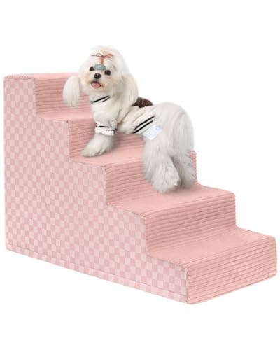 Vfrog Dog Stairs for Small Dogs,22" H,5-Step Dog Steps Ramp for Bed and Couch with High Density Foam,Non-Slip Pet Steps for Dogs and Cats,Pet Stairs with a Washable Cover,Pink