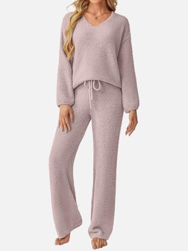 GKBK Womens 2 Piece Outfits Knit Sweater Sets Fuzzy Fleece Long Sleeve Top Wide Leg Pants Loungewear Matching Lounge Set 2026 Fall Winter Fashion Clothes Light Pink XL - Thumbnail 2
