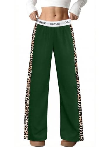 PEFYERVERY Women Baggy Pants Leopard Print Block Side Teen Straight Leg Open Bottom Sweatpants Y2K Elastic Waistband Lightweight Green M