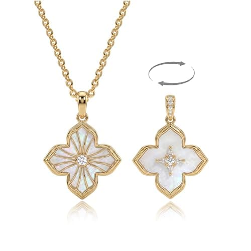 Fettero Necklaces for Women Gold Charm Necklace 2 Sided Lucky Clover Pendant 14K Gold Plated Chain Cross Mom Pearl Necklace for Women Jewelry - Image 1