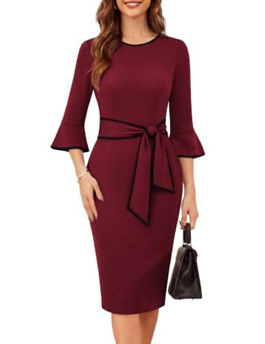 GRACE KARIN Work Dresses for Women 3/4 Sleeve Bodycon Pencil Business Outfits Color Block Office Church Clothes Wine L - Image 1