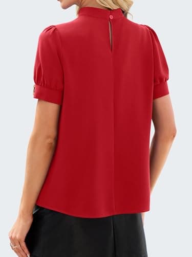 Funlingo Blouses for Women Dressy Casual Short Puff Sleeve Work Tops 2026 Spring Mock Neck Loose Fitting Shirts for Business Office Red S - Thumbnail 4