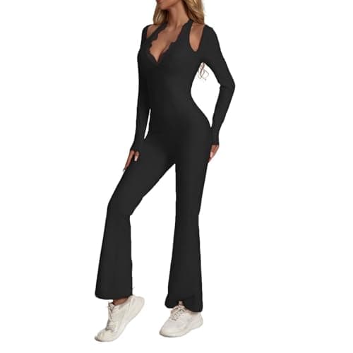 KAIFUYING One Piece Wide Leg Jumpsuits For Women Workout Long Sleeve Jumpsuit Flare Yoga Romper V-Neck Sexy Lace Black-M - Image 1