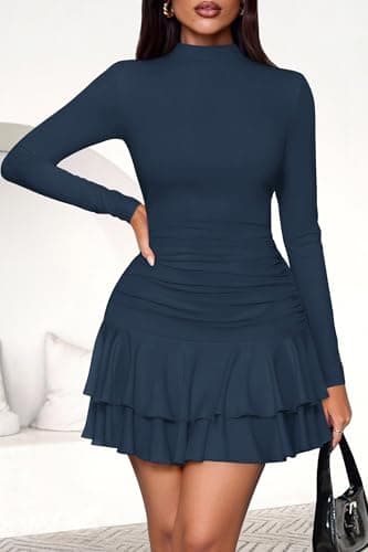 PRETTYGARDEN Women's Fall Long Sleeve Dresses 2026 Mock Neck Ruched Y2K Clothes Ruffle Layered Bodycon Mini Party Dress(Navy Blue,Medium) - Thumbnail 2