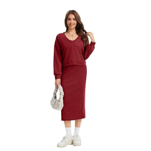 Anyshe Women's 2 Piece Matching Knit Sweater Set, Long Sleeve V-Neck Top with Maxi Skirt, Effortless Style for Vacation - Thumbnail 3
