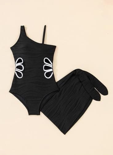 blibean Girls Swimsuit Size 6-7 Black Teen One Piece Bathing Suit with Cover Up Skirt Little Kids Adjustable Strap Swimwear Tween Cute Texture Traje Baño Niñas Padded Cut Out Swimming Suit - Thumbnail 6
