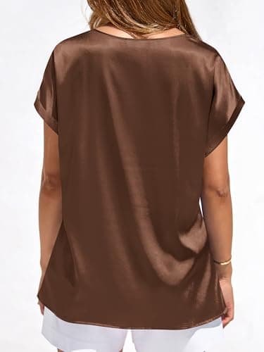 BTFBM Summer Tops for Women 2026 Dressy Satin Blouses Loose Crew Neck Short Sleeve Shirts Work Business Casual Outfits(Chocolate Brown, X-Large) - Thumbnail 4