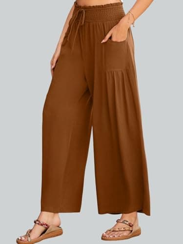 JUYUEO Linen Pants for Women 2026 Summer High Waisted Wide Leg Pants Casual Dressy Palazzo Beach Boho Pants Caramel M - Thumbnail 4