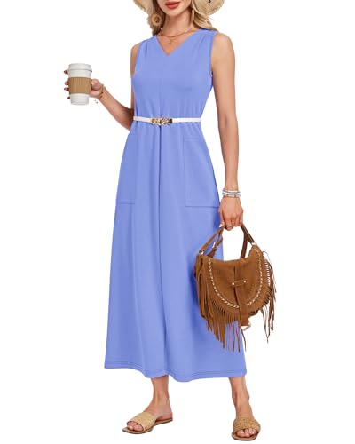 MISFAY Sleeveless Maxi Dress V-Neck Wrinkle-Free Sundress Light Blue - Thumbnail 2