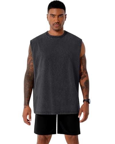 Tank Tops Men Summer Sleeveless Shirts Loose Fit Workout Tops Acid Wash Cotton Tshirts, Plain Black, S - Thumbnail 2