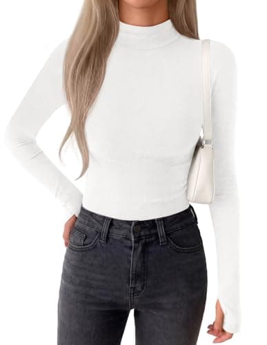 BTFBM Turtleneck Tops for Women Thumbhole Long Sleeve Shirts White