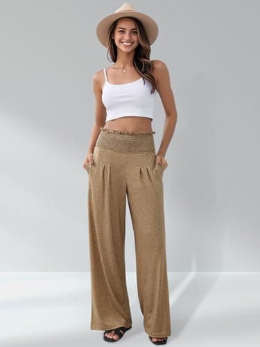 GEMLON Womens Wide Leg Pants High Waisted Palazzo Pants Summer Flowy Lounge Trousers Pants with Pockets Dark Khaki L - Thumbnail 4