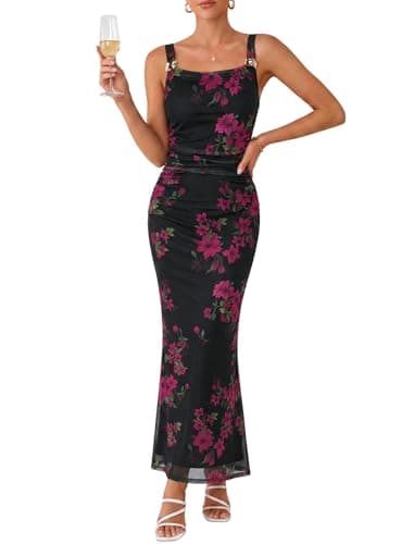 ZAFUL Pink Floral Dress for Women Wedding Guest Women's Sexy Dress Formal Sleeveless Mesh Ruched Bodycon Party Long Dresses Sexy - Image 1