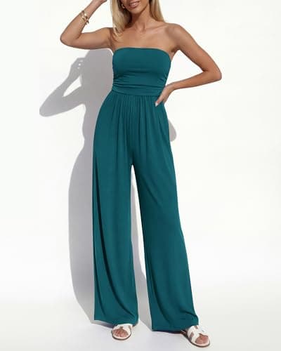 BTFBM Jumpsuits For Women Summer 2026 Beach Vacation Strapless Tube Top Jumpsuit Ruched Casual Wide Leg Pant Rompers(Blue Green, X-Large) - Thumbnail 5