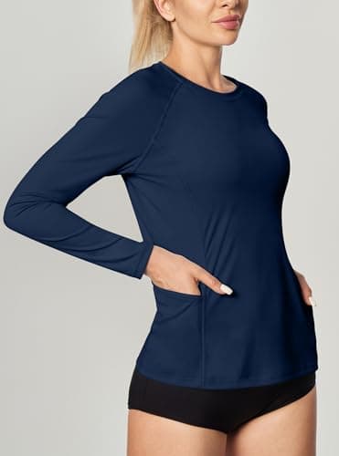 IUGA Gym Tops for Women UPF 50+ SPF UV Protection Hiking Clothes for Women with Pockets Dry Fit Hiking Swim Shirt Midnight Blue - Thumbnail 3