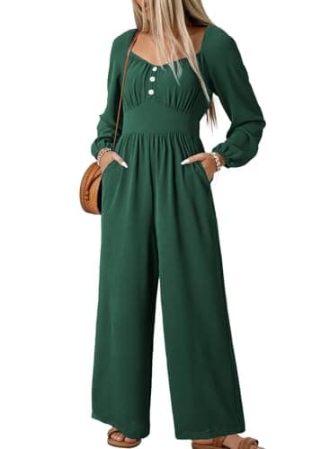 Dokotoo Jumpsuit for Womens Dressy Long Sleeve Rompers For Women 2026 Elastic Waisted One Piece V Neck Pockets Fashion Outfits Plus Size Jumpsuit For Curvy Women,Blackish Green Large - Image 1