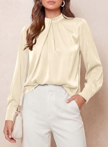 PRETTYGARDEN Women Satin Tops Mock Neck Long Sleeve Shirts,Beige,XXL - Thumbnail 3