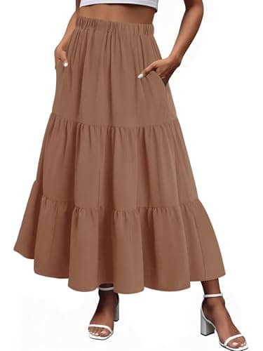 Magritta Bohemian Tiered Skirt for Womens Long Tiered High Waisted Maxi Skirt with Pockets Khaki X-Small - Image 1