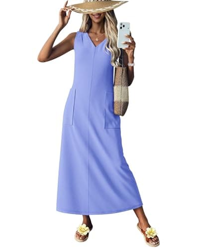 MISFAY Sleeveless Maxi Dress V-Neck Wrinkle-Free Sundress Light Blue - Thumbnail 4