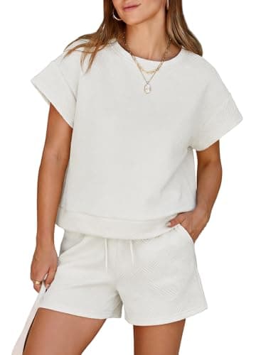 Dokotoo Workout Sets for Women Short Sleeve Sweatshirts Sweatpants with Pockets Summer Outfits 2025 Spring Casual Cute Valentines Pajamas for Women White Small - Image 1
