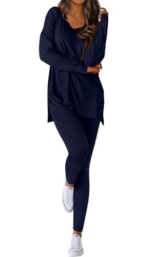 BTFBM Two Piece Sets for Women 2026 Casual Lounge Set Matching Oversized Shirts Leggings Workout Airport Travel Outfits(Navy Blue, Small) - Image 1