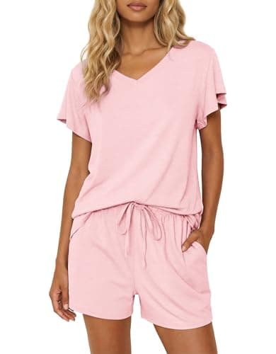 Ekouaer Pajamas Set Women Casual Ruffle Sleeves Soft Comfy Loungewear Set with Pockets,Small,Light Pink - Image 1