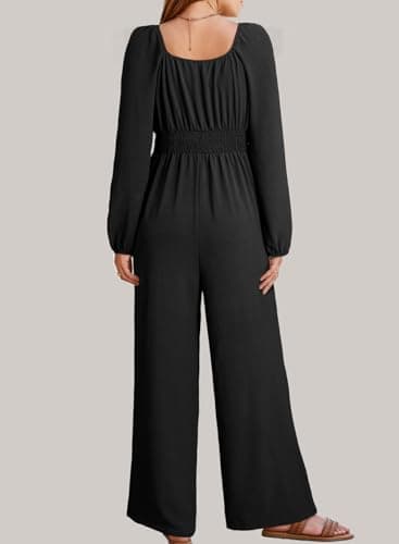 Dokotoo Jumpsuits for Womens 2026 Spring Lantern Sleeve Square Neck Maternity Flowy Romper Smocked Waisted Wide Leg Cruise Sexy Outfits Plus Size with Pockets for Wedding,Black X-Large - Thumbnail 3