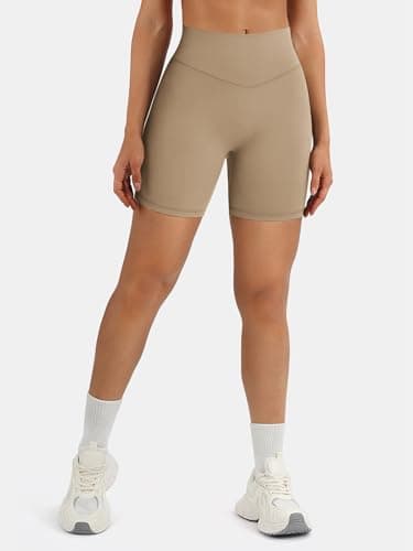 AFFOLE Womens High Waist Workout Shorts 6 Inches Breathable Elastic Booty Lounge Running Yoga Pants Khaki - Thumbnail 2