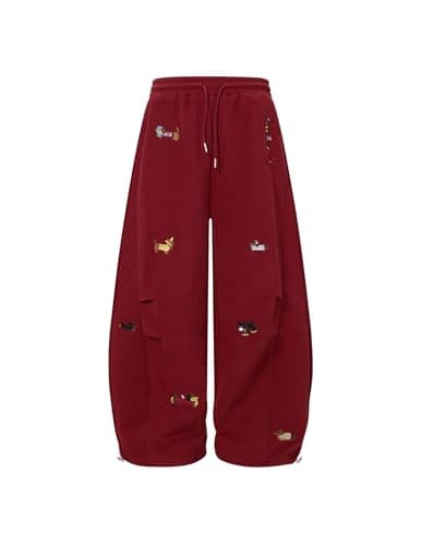Aelfric Eden Embroidery Puppy Baggy Barrel Sweatpants Casual Y2K Elastic Drawstring Unisex Wide Leg Pants Lantern Trouser Red S - Image 1