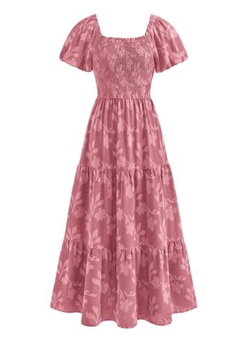 PRETTYGARDEN Women's 2026 Summer Boho Maxi Dresses Floral Short Sleeve Square Neck Smocked Flowy Long Dress Vacation Outfits (Pink,X-Large) - Image 1