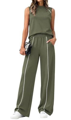 BTFBM Womens 2 Piece Lounge Set 2026 Striped Travel Outfits Sweatsuit Mock Neck Tank Top Wide Leg Pants Casual Activewear(Army Green, Large)
