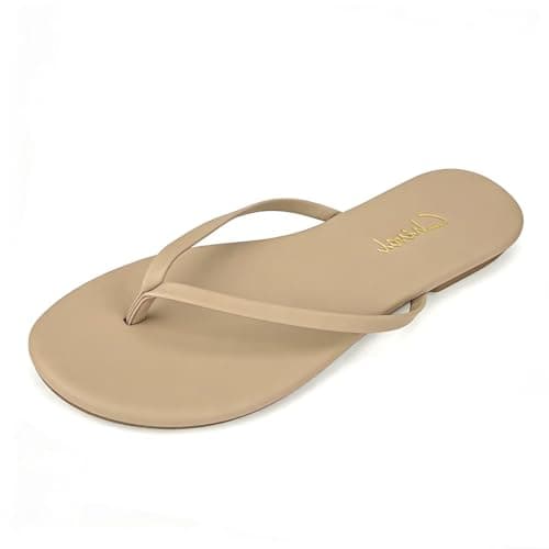 Scecocrs Women’s Tan Flip Flops Flat Leather Summer Thong Sandals Slip On Walking Slide Sandals - Image 1