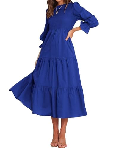BTFBM Women Casual Long Sleeve Dress Fall Dresses 2025 Solid Color Relaxed Fit Smocked Tiered Flowy Boho Long Dresses(Solid Royal Blue,Large) - Image 1