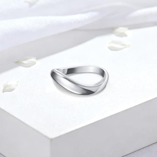 Zuyaeui 14K White Gold Plated Twisted Wave Ring for Women, 4mm Dome Polished 925 Sterling Silver Stackable Band, Wedding Anniversary Engagement Promise Gift for Her, Size 7 - Thumbnail 5